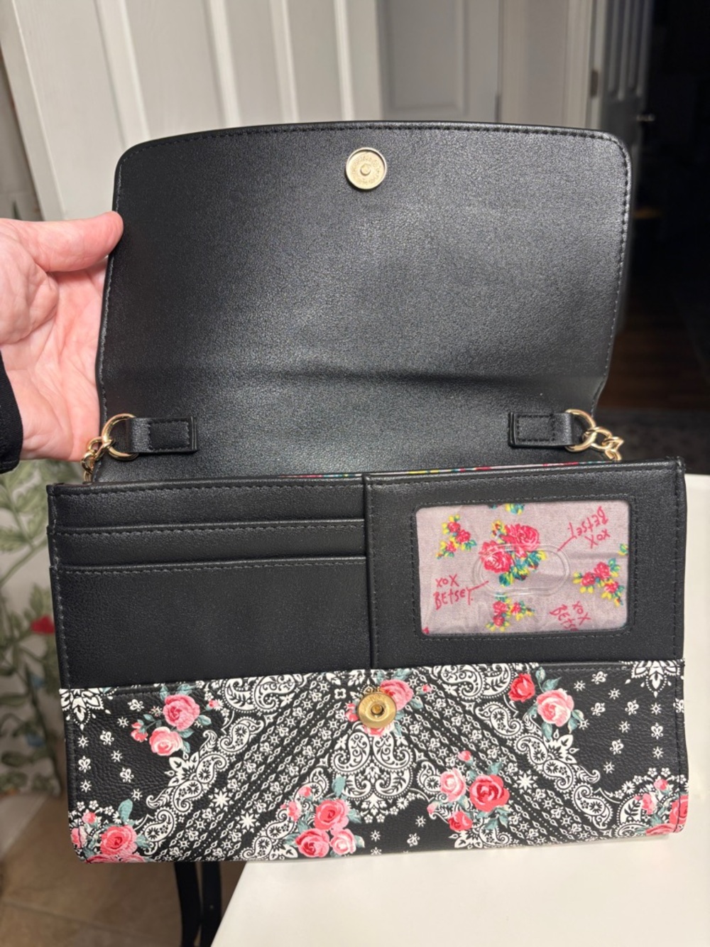 Betsey Johnson Black Floral Crossbody with Pink Rose Print and Bow - Picture 3 of 8